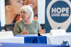 U.S. Sen. Patty Murray speaks at a round table discussion with multiple Snohomish County agencies about the Trump administrator restricting homelessness assistance funding on Thursday, May 29, 2025 in Everett, Washington. (Olivia Vanni / The Herald)
