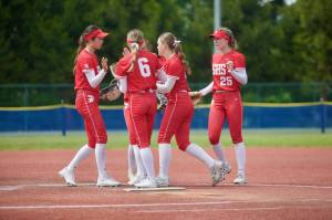 Stanwood sophomore Addi Anderson (second from right) and the Stanwood infielders -- sophomore Jemma Lopez, senior Rubi Lopez, junior Taylor Almanza and senior Reagan Ryan -- gather in the circle between at-bats during the Spartans' 3-0 win against Roosevelt in the 3A State Softball Round of 16 in Lacey, Washington on May 23, 2025. (Joe Pohoryles / The Herald)