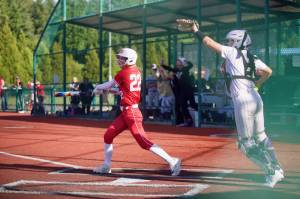 Stanwood sophomore Olivia Dahl strikes out to end the game, a 5-4 loss to Garfield in the 3A State Softball quarterfinals in Lacey, Washington on May 23, 2025. (Joe Pohoryles / The Herald)