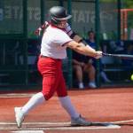 Snohomish freshman Taylor Ward makes contact during the Panthers 3-2 loss to Liberty in the 3A State Softball semifinals in Lacey, Washington on May 24, 2025. (Joe Pohoryles / The Herald)