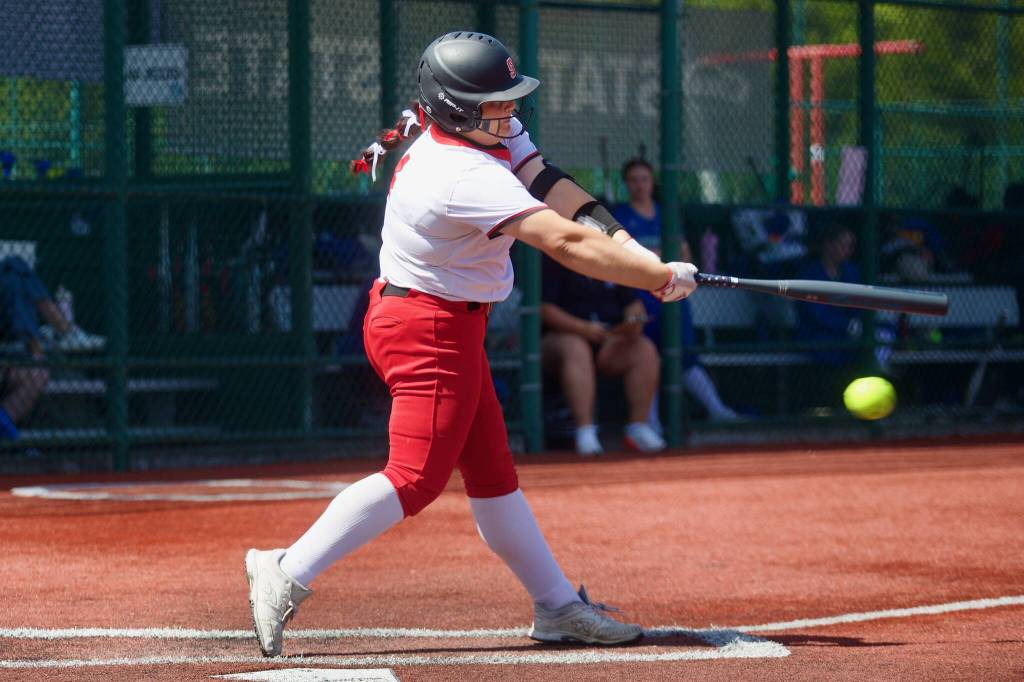 Snohomish freshman Taylor Ward makes contact during the Panthers 3-2 loss to Liberty in the 3A State Softball semifinals in Lacey, Washington on May 24, 2025. (Joe Pohoryles / The Herald)