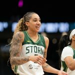 (From left to right) Erica Wheeler, Gabby Williams and Zia Cooke approach the bench during a 102-82 win over the Las Vegas Aces on May 25, 2025 at Climate Pledge Arena in Seattle, Washington. (Photo courtesy of Seattle Storm)