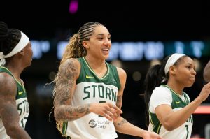 (From left to right) Erica Wheeler, Gabby Williams and Zia Cooke approach the bench during a 102-82 win over the Las Vegas Aces on May 25, 2025 at Climate Pledge Arena in Seattle, Washington. (Photo courtesy of Seattle Storm)