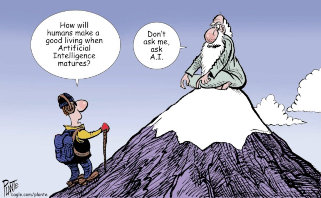 A mountain climber asks a guru about AI, artificial intelligence, guru, sage, mountaintop, wise man, human, future, jobs, loss, professions, lost, taxes