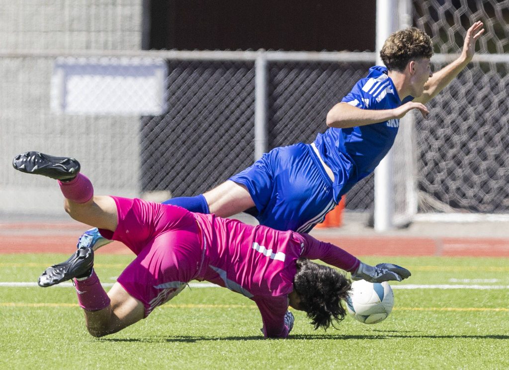 Shorewoods Niki Genadiev falls to the turf during the 3A state semifinal game against Ingraham on Friday, May 30, 2025 in Puyallup, Washington. (Olivia Vanni / The Herald)