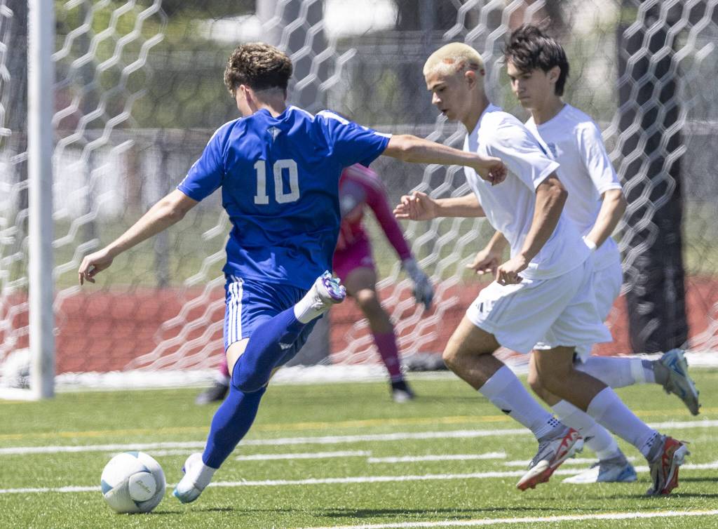 Shorewoods Niki Genadiev takes a shot on goal during the 3A state semifinal game against Ingraham on Friday, May 30, 2025 in Puyallup, Washington. (Olivia Vanni / The Herald)