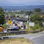 Traffic moves north and south along the southbound side of the Highway 529 after the northbound lanes were closed due to a tunnel on Tuesday, July 2, 2024 in Everett, Washington. (Olivia Vanni / The Herald)