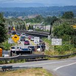 Traffic moves north and south along the southbound side of the Highway 529 after the northbound lanes were closed due to a tunnel on Tuesday, July 2, 2024 in Everett, Washington. (Olivia Vanni / The Herald)