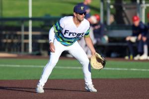 Everett AquaSox first baseman Brandon Eike gets set defensively against the Spokane Indians at Funko Field on Wednesday May 28, 2025. (Photo courtesy of Evan Morud, Everett AquaSox)