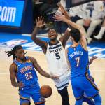 The Timberwolves' Anthony Edwards (5) loses control of the ball in the fourth quarter of Game 5 against the Thunder, after the Wolves had already lost control of the game. (Jeff Wheeler / The Minnesota Star Tribune / Tribune News Services)