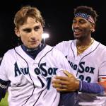 Everett's Colt Emerson (1) celebrates with Lazaro Montes after the infielder's sacrifice fly lifted the AquaSox to a win in the 10th inning at Funko Field on Thursday, May 29, 2025. (Photo courtesy of Evan Morud / Everett AquaSox)
