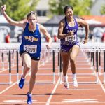 Lake Stevens’ Noelani Tupua runs to the finish line in the 4A Girls 110 Hurdles final on Friday, May 30, 2025 in Tacoma, Washington. (Olivia Vanni / The Herald)