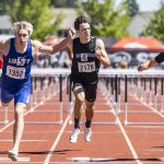 Shorewoods Jaden Marlow looks to his left as he crosses the finish line in the 3A Boys 110 Hurdles final on Friday, May 30, 2025 in Tacoma, Washington. (Olivia Vanni / The Herald)