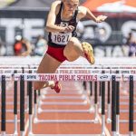 Mountlake Terraces Brynlee Dubiel leaps over the last hurdle in the 3A Girls 110 Hurdles final on Friday, May 30, 2025 in Tacoma, Washington. (Olivia Vanni / The Herald)