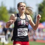Mountlake Terraces Brynlee Dubiel runs past the finish line after getting third place in the 3A Girls 110 Hurdles final on Friday, May 30, 2025 in Tacoma, Washington. (Olivia Vanni / The Herald)