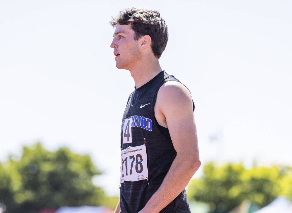 Shorewoods Jaden Marlow walks on the track after the 3A Boys 110 Hurdles final on Friday, May 30, 2025 in Tacoma, Washington. (Olivia Vanni / The Herald)
