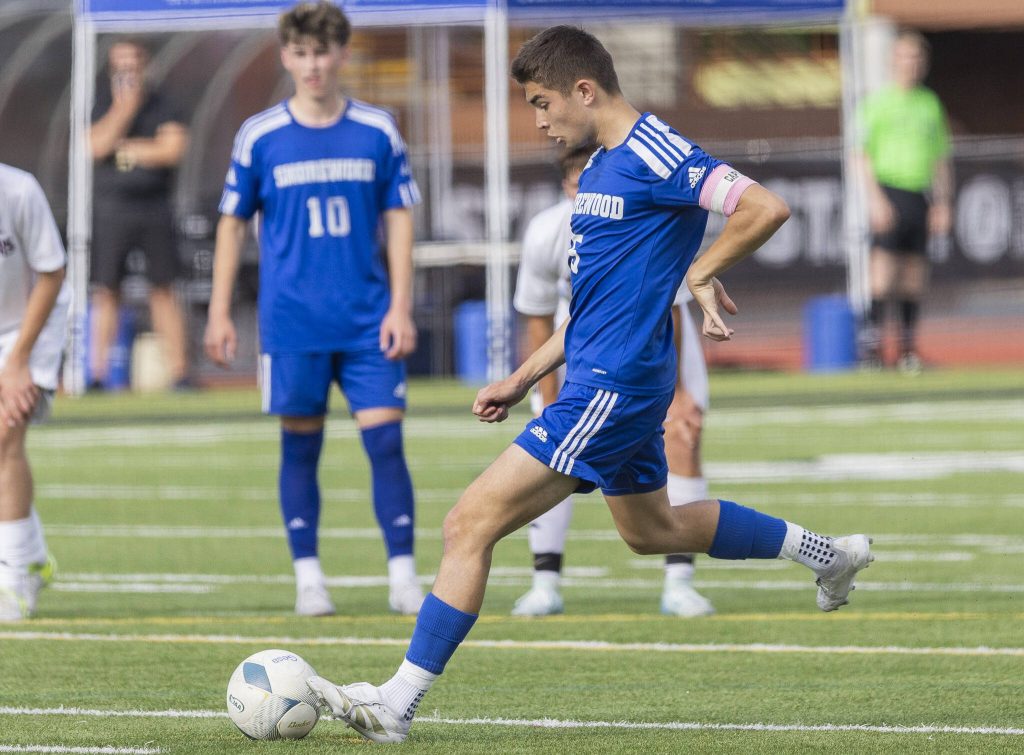Shorewoods Daniel Bruno takes a penalty kick during the 3A state championship game against Mercer Island on Saturday, May 31, 2025 in Puyallup, Washington. (Olivia Vanni / The Herald)