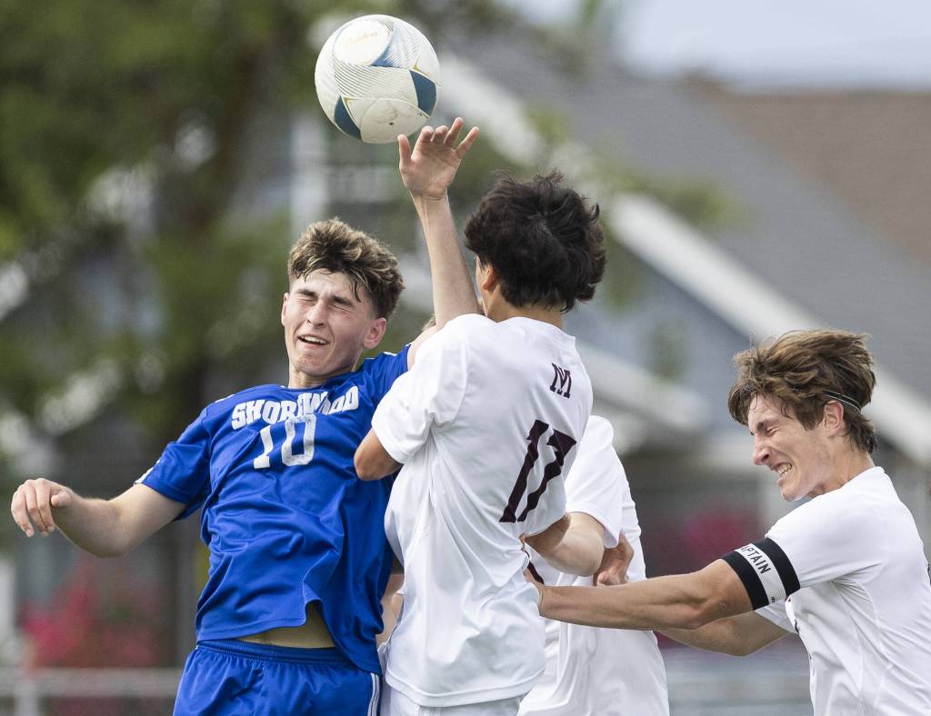 Shorewoods Niki Genadiev jumps in the air to head the ball during the 3A state championship game against Mercer Island on Saturday, May 31, 2025 in Puyallup, Washington. (Olivia Vanni / The Herald)