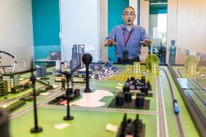 WSU Everett Cybersecurity Professor Shih-Lien (Linus) Lu talks about the different aspects of the cybersecurity board on Wednesday, May 28, 2025 in Everett, Washington. (Olivia Vanni / The Herald)