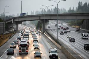 Traffic moves north and south along I-5 through Everett on Tuesday, Aug. 29, 2023. (Olivia Vanni / The Herald)