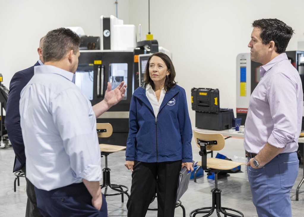 Sen. Maria Cantwell at the new Boeing machinists unions apprentice training center on Friday, June 6, 2025 in Everett, Washington. (Olivia Vanni / The Herald)