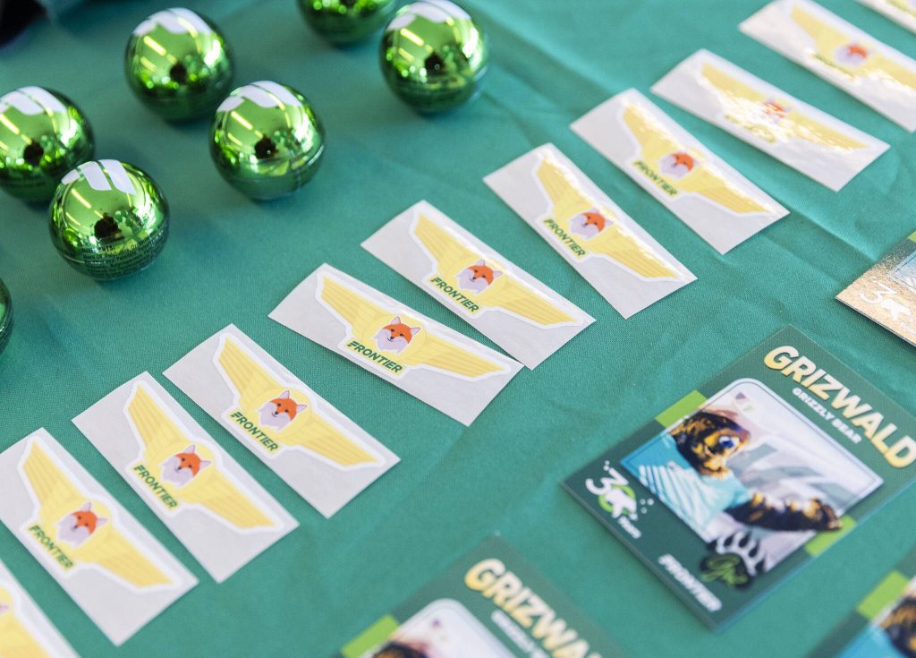 Frontier swag available to passengers on the first Frontier Airlines flights in and out of Paine Field Airport on Monday, June 2, 2025 in Everett, Washington. (Olivia Vanni / The Herald)