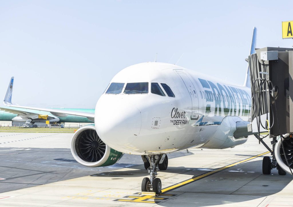 Frontier Airlines first flight arrives at the gate at Paine Field Airport on Monday, June 2, 2025 in Everett, Washington. (Olivia Vanni / The Herald)
