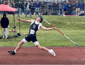 Shorecrest senior Jackson Sketchley winds up for his third attempt, where he set the winning mark of 194 feet-eight inches, in the 3A Boys Javelin Throw at the WIAA Track & Field State Championships at Mount Tahoma High School in Tacoma, Washington on May 31, 2025. (Joe Pohoryles / The Herald)