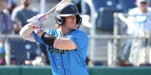 Everett AquaSox catcher Andrew Miller prepares to bat against the Spokane Indians at Funko Field on June 1, 2025. (Photo courtesy of Evan Morud, Everett AquaSox)