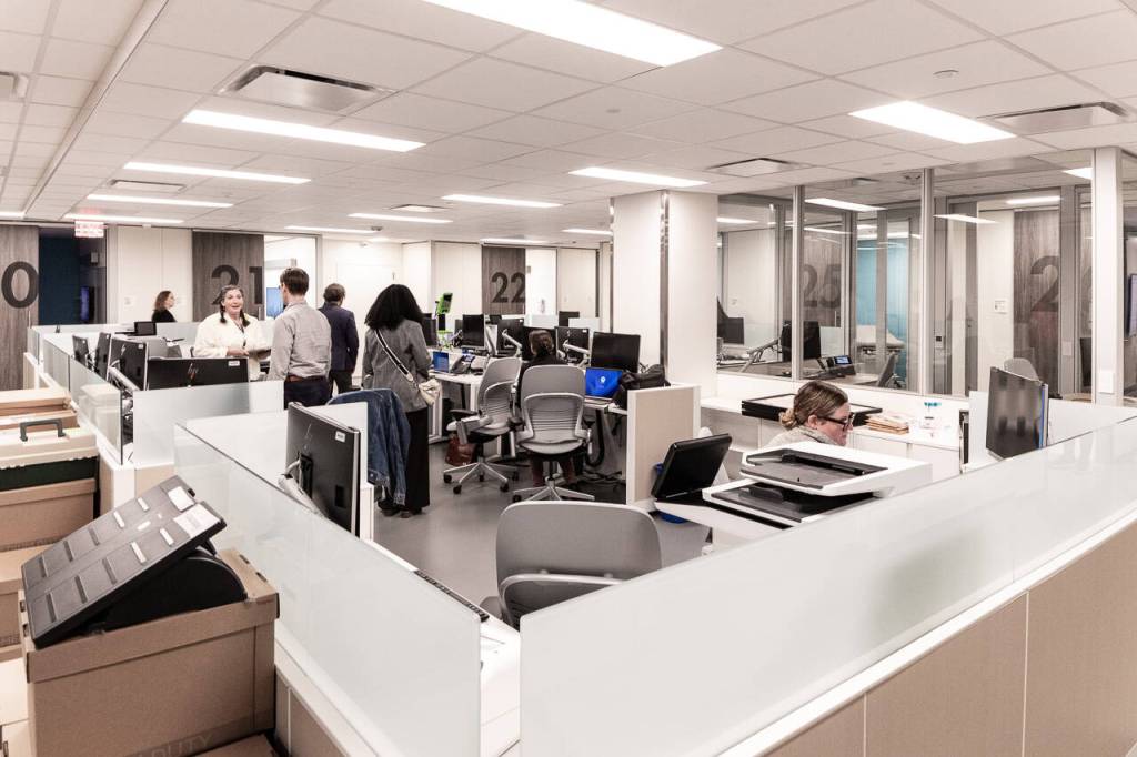 Staff settle into one of the pods in the new Kaiser Permanente Everett Medical Center facility at 2929 Pine St. on Monday, June 2, 2025 in Everett, Washington. (Aaron Kennedy/The Daily Herald)