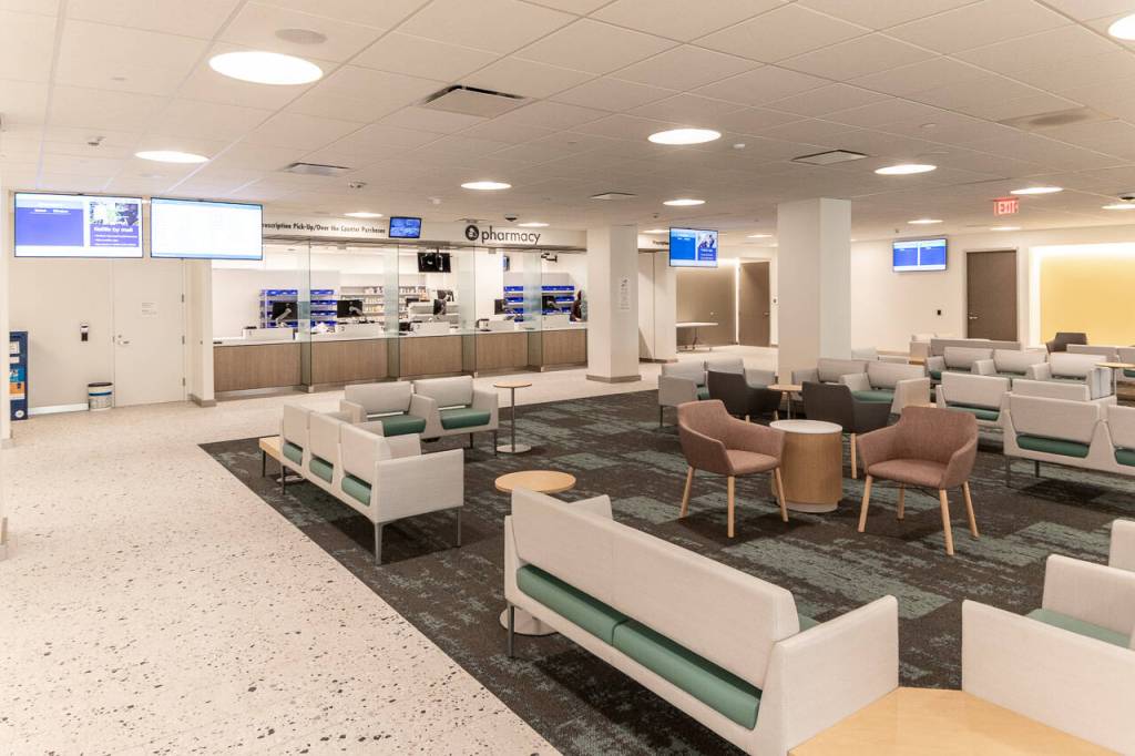 The pharmacy on the ground floor of the new Kaiser Permanente Everett Medical Center facility at 2929 Pine St. on Monday, June 2, 2025 in Everett, Washington. (Aaron Kennedy/The Daily Herald)