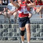 Simon VanderWel of Kings throws the shot put during the May 29-31, 2025 Class 1A state track and field meet at Zaepfel Stadium in Yakima. (Photo courtesy of Donna Beard)