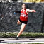 Kaelynn Bahnmiller of Kings throws the discus during the May 29-31, 2025 Class 1A state track and field meet at Zaepfel Stadium in Yakima. (Photo courtesy of Donna Beard)