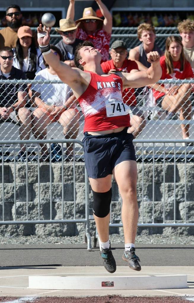 Simon VanderWel of Kings throws the shot put during the May 29-31, 2025 Class 1A state track and field meet at Zaepfel Stadium in Yakima. (Photo courtesy of Donna Beard)