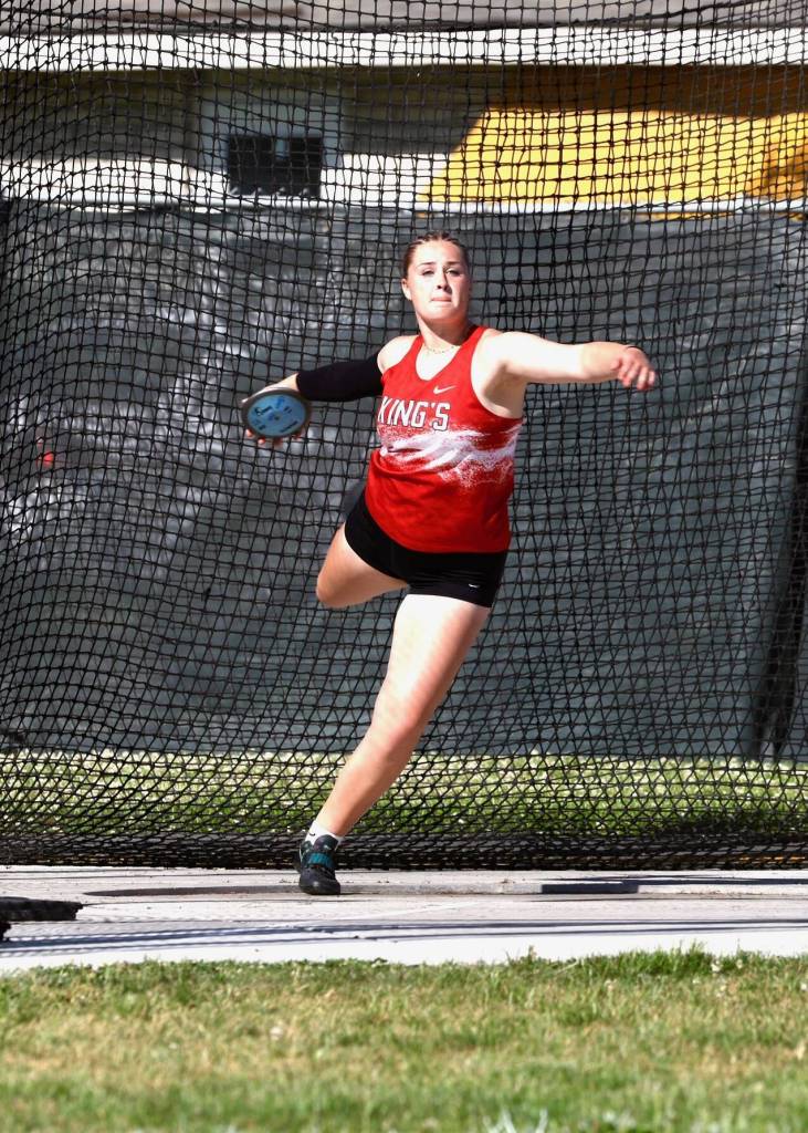 Kaelynn Bahnmiller of Kings throws the discus during the May 29-31, 2025 Class 1A state track and field meet at Zaepfel Stadium in Yakima. (Photo courtesy of Donna Beard)