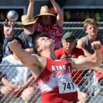 Simon VanderWel of King's throws the shot put during the May 29-31, 2025 Class 1A state track and field meet at Zaepfel Stadium in Yakima.  (Photo courtesy of Donna Beard)
