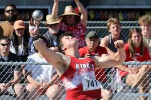 Simon VanderWel of King's throws the shot put during the May 29-31, 2025 Class 1A state track and field meet at Zaepfel Stadium in Yakima.  (Photo courtesy of Donna Beard)