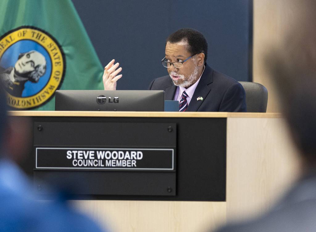 Mountlake Terrace City Council Member Steve Woodard talks about the the Flock Safety license plate camera system on Thursday, June 5, 2025, in Mountlake Terrace, Washington. (Olivia Vanni / The Herald)
