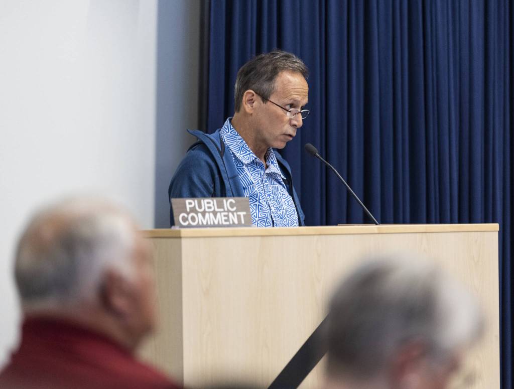 Alvaro Guillen speaks in opposition of installing the Flock Safety license plate camera system on Thursday, June 5, 2025, in Mountlake Terrace, Washington. (Olivia Vanni / The Herald)