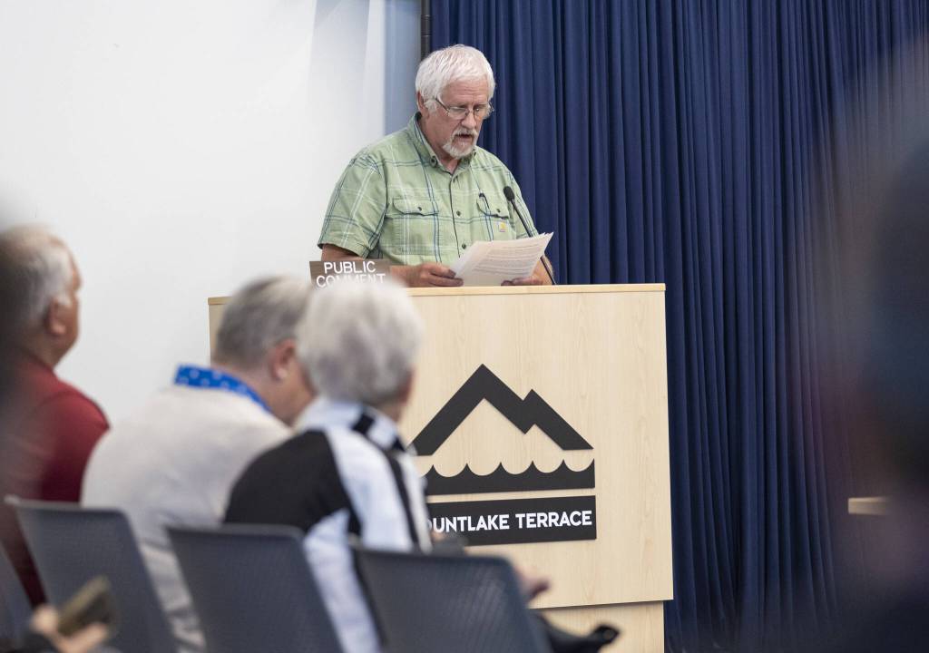 Steve Mosman speaks in support of installing the Flock Safety license plate camera system on Thursday, June 5, 2025, in Mountlake Terrace, Washington. (Olivia Vanni / The Herald)