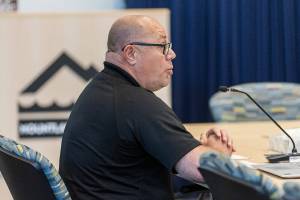 Police Cmdr. Scott King answers questions about the Flock Safety license plate camera system on Thursday, June 5, 2025 in Mountlake Terrace, Washington. (Olivia Vanni / The Herald)