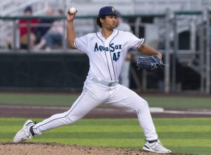 Everett AquaSox pitcher Nick Payero throws a pitch during the game against the Tri-City Dust Devils on Tuesday, May 6, 2025 in Everett, Washington. (Olivia Vanni / The Herald)