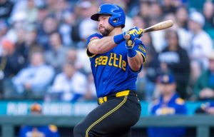 Cal Raleigh of the Seattle Mariners hits a single during the first inning against the Washington Nationals at T-Mobile Park on Thursday, May 29, 2025, in Seattle. (Stephen Brashear / Getty Images / Tribune News Services)