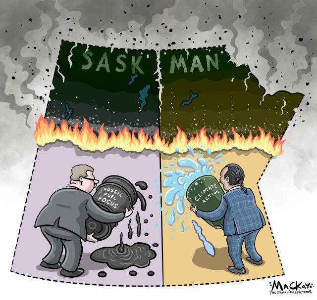 Editorial Cartoon by Graeme MacKay, The Hamilton Spectator – Saturday May 31 2025

As wildfires intensify in Saskatchewan and Manitoba, contrasting leadership styles highlight different approaches to climate change and crisis management.

Prairie Flames: A Tale of Two Leaders

As wildfires intensify in Saskatchewan and Manitoba, contrasting leadership styles highlight different approaches to climate change and crisis management.

As wildfires blaze across Saskatchewan and Manitoba, we're witnessing a stark contrast in how leaders are handling the crisis. The fires are starting earlier, burning hotter, and lasting longer, a sign of changing times tied to climate change. This situation highlights the different paths being taken by the premiers of these two provinces.

In Saskatchewan, Premier Scott Moe is well-known for his support of the oil and gas industry. He argues that these industries are vital for the province's economy. However, his focus on fossil fuels seems outdated when faced with the reality of more intense wildfires. Moe has resisted federal climate policies like carbon pricing, which some see as ignoring the root causes of these worsening fires.

On the other hand, Manitoba’s Premier Wab Kinew is taking a different approach. He has set ambitious goals to reduce emissions and shift towards renewable energy. Kinew’s response to the wildfire crisis includes taking swift action to protect communities, showing a clear understanding of the link between climate change and these natural disasters.

Kinew acknowledges the challenges of moving away from fossil fuels, but his willingness to address these issues head-on reflects a commitment to both the environment and the economy. His leadership suggests a balance between immediate action and long-term planning.

The fires ravaging these provinces remind us of the importance of leadership in the face of climate change. The choices made today will shape the future, and the contrasting approaches of Moe and K