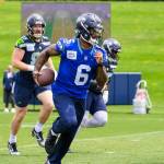 Seahawks quarterback Jalen Milroe (6) participates in a workout on day five of OTAs at the Virginia Mason Athletic Center in Renton on Wednesday, June 4, 2025. (Photo courtesy of Edwin Hooper / Seattle Seahawks)