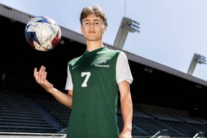 Edmonds-Woodway senior Alex Plumis is The Herald’s 2025 Boys Soccer Offensive Player of the Year on Thursday, June 5, 2025 in Edmonds, Washington. (Olivia Vanni / The Herald)
