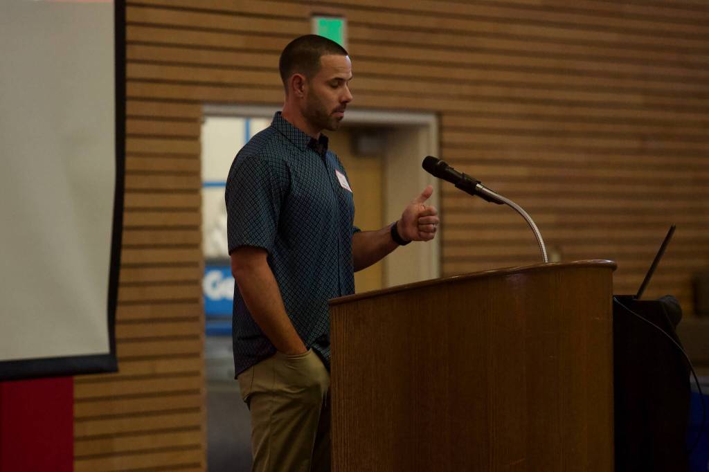 Ryan Sells gives his speech at the Everett Community College Athletics 2025 Hall of Fame Induction Ceremony in Everett, Washington on June 5, 2025. Sells played baseball for the Trojans in 2012 and now coaches at Mountlake Terrace High School, his alma mater. (Joe Pohoryles / The Herald)
