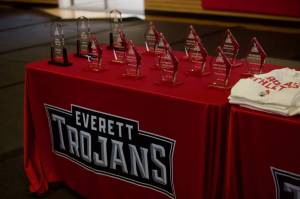 The awards table with different athletic honors and trophies at the Everett Community College Athletics 2025 Hall of Fame Induction Ceremony in Everett, Washington on June 5, 2025. (Joe Pohoryles / The Herald)