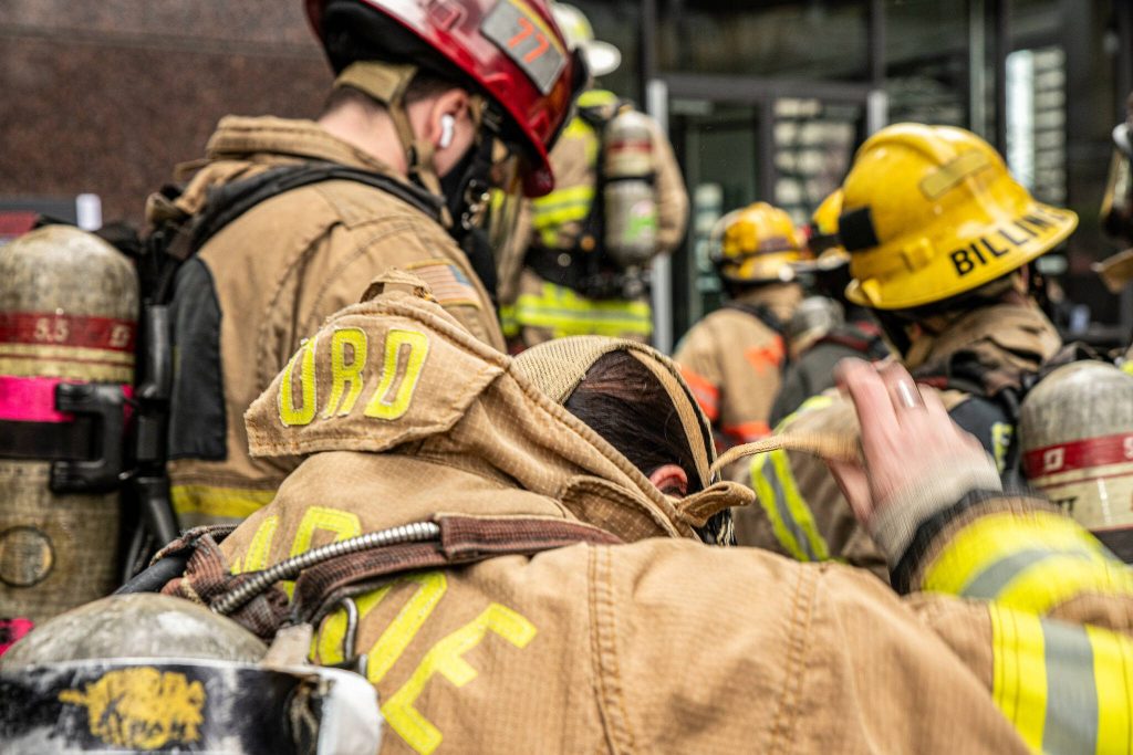 Firefighters prepare to climb the Columbia Tower staircase in Seattle during the Leukemia & Lymphoma Society Firefighter Stairclimb on March 9, 2025. (Photo courtesy of Steve Baer / FireDogPhotos)