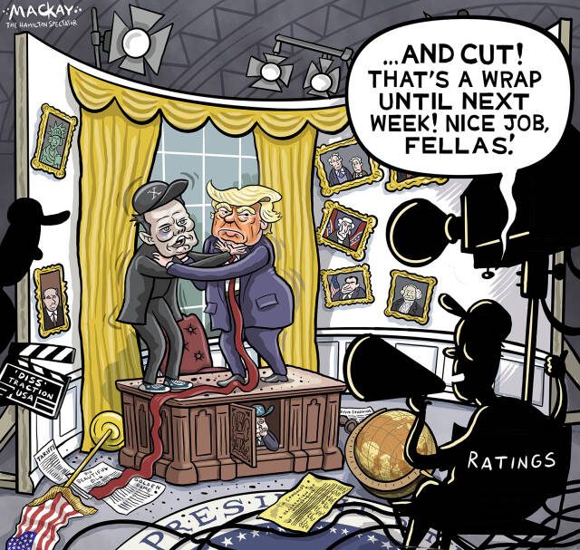 Editorial Cartoon by Graeme MacKay, The Hamilton Spectator – Saturday June 7, 2025

Elon Musk and Donald Trump's public feud serves as an entertaining diversion from pressing global issues, highlighting the performative nature of modern politics.